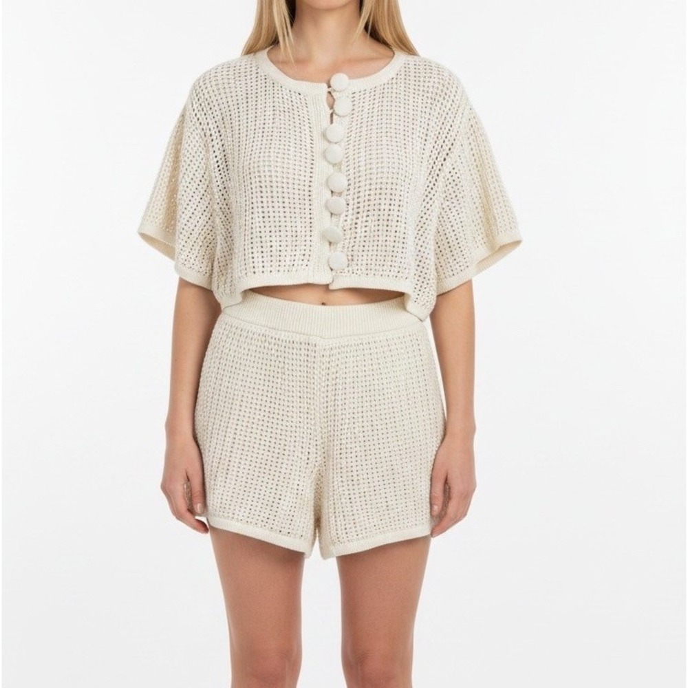 Sabo Skirt Crochet Knit 2 Piece Set Small Cream Button Crop Top Shorts Oversized
